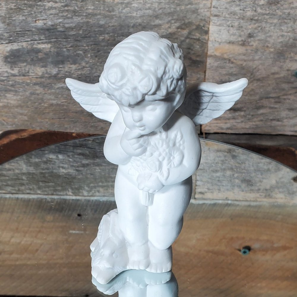 Vintage Bisque Cherub Angel Holding Flowers - Bunny at Feet - Unpainted.